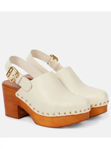 Saboți Chloé din piele cu tepi alb