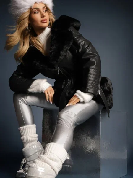 Jachetă din imitație de piele și blană cu glugă și Isotalo neagră