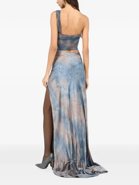 Rochie maxi Roberto Cavalli cu model piele de șarpe cu un umăr gol albastru