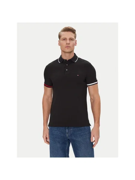 Tommy Hilfiger Pólóing Flag Cuff Slim Fit fekete