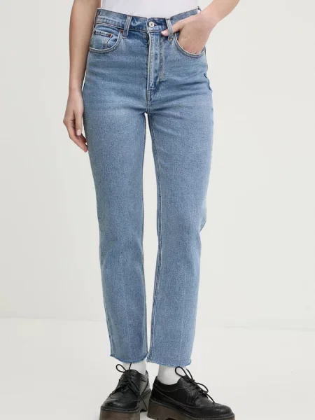 Blugi Abercrombie & Fitch cu talie înaltă albastru