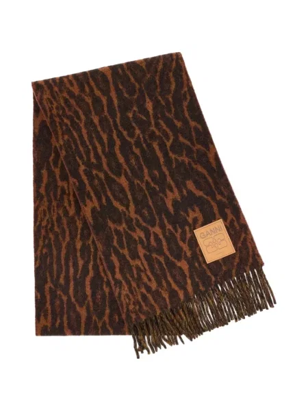Fular Ganni de lână cu imagine cu model leopard maro
