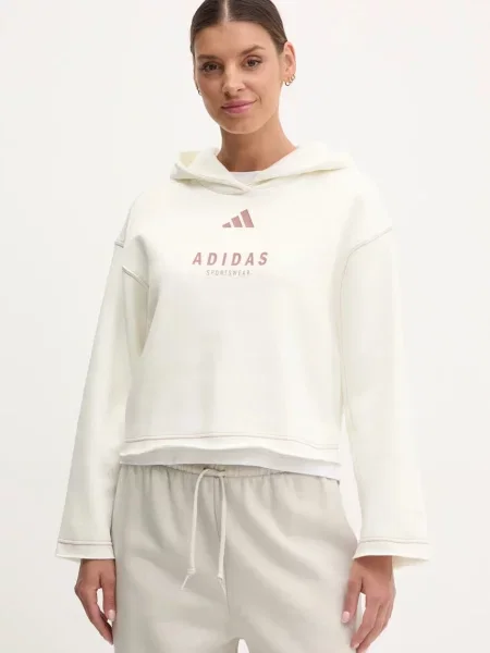 Суичър с качулка Adidas Originals с качулка с принт бежово