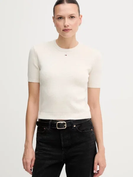 Tommy Jeans pulover cu mânecă scurtă pentru femei din bej