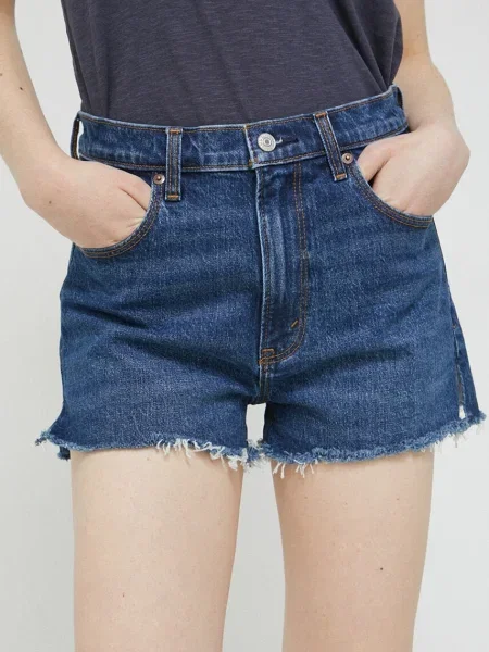 Дънкови къси панталони Abercrombie & Fitch с изчистен дизайн с висока талия тъмносиньо