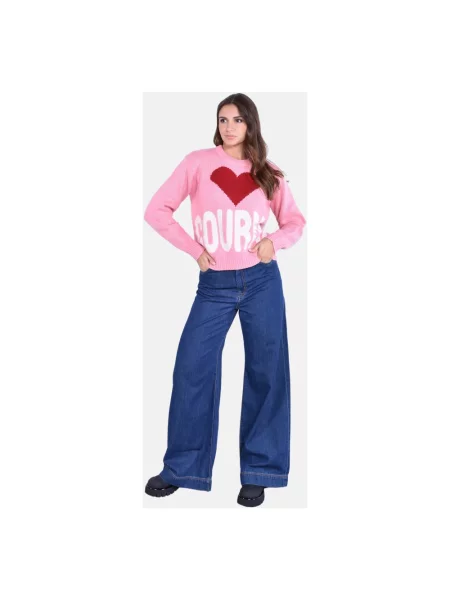 Sweter Mc2 Saint Barth z dekoltem w serek żakardowy różowy