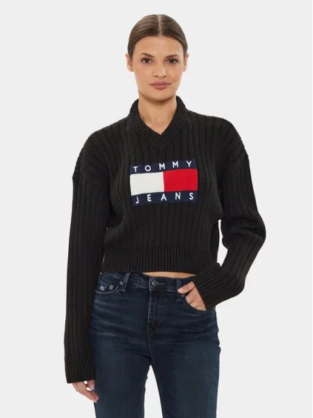 Tommy Jeans Pulover Center Flag negru