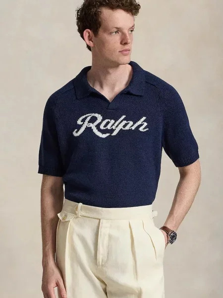 Polo Ralph Lauren πλεκτό μπλουζάκι πόλο με λινό Ανδρικό μπλε