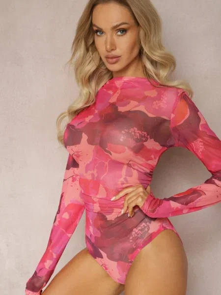 Body din Plasă cu Mâneci Lungi și Imprimeu Abstract Ularalima roșu