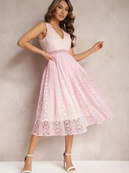 Rochie Pliurată cu Bretele cu Model Ornamental și Mirilla roz