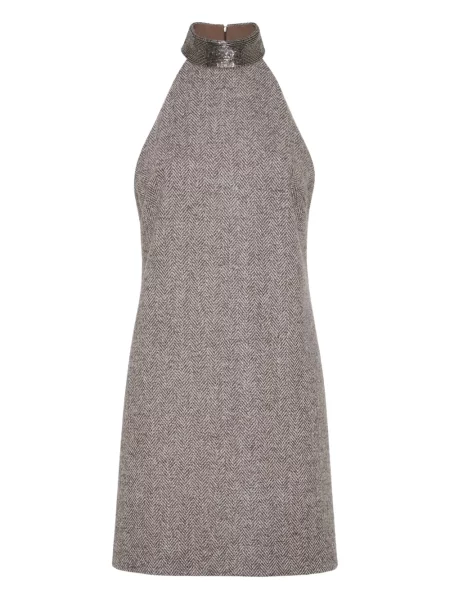 Sukienka Brunello Cucinelli tweedowa w jodełkę garniturowa brązowa