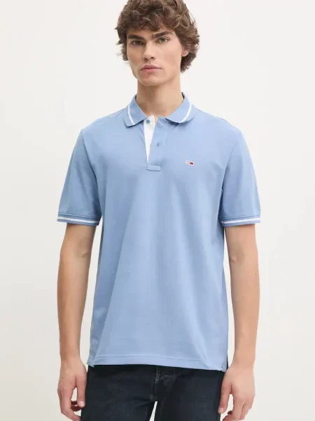 Тениска с яка Tommy Jeans с изчистен дизайн синьо