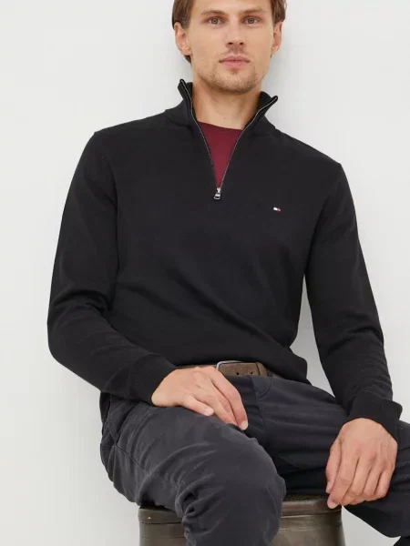 Пуловер с кашмир Tommy Hilfiger мъжки от лека материя с ниско поло черно