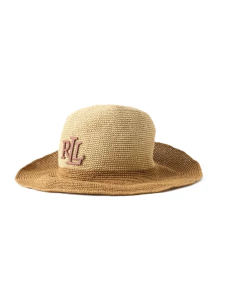 Kapelusz z plecionki słomianej z aplikacją z logo Lauren Ralph Lauren beżowy