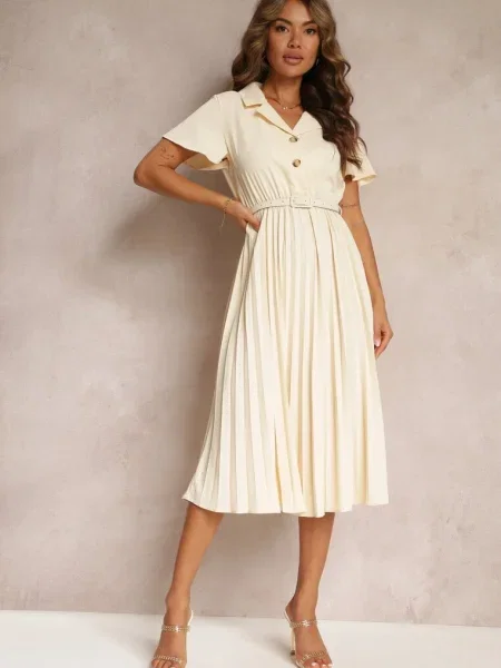 Rochie midi retro plisată cu cu cataramă Elinerise bej