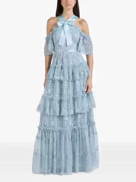 Rochie maxi Needle & Thread cu model floral cu volane albastru