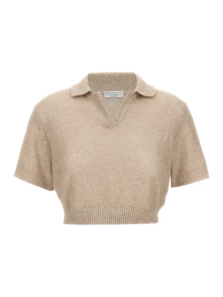 Lniany sweter Brunello Cucinelli z cekinami beżowy