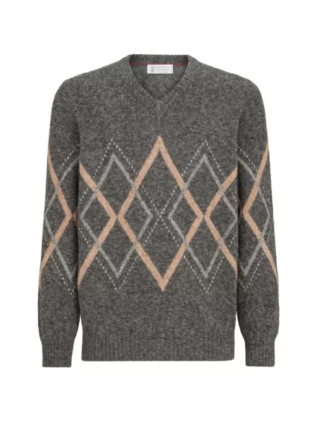 Sweter Brunello Cucinelli wełniany z wzorem argyle szary