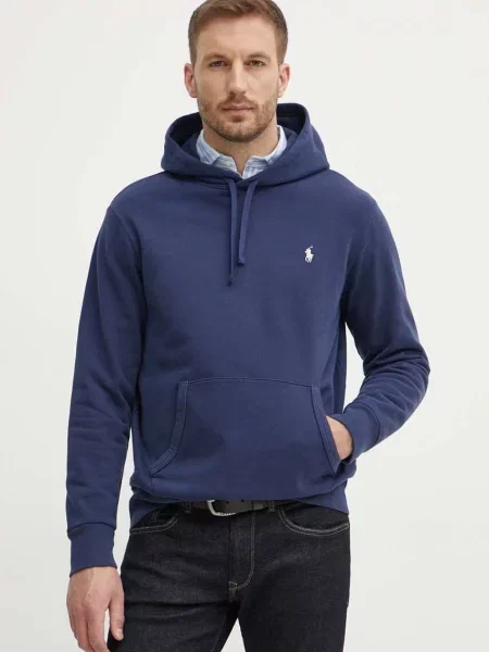 Dukserica Polo Ralph Lauren za muškarce tamno s kapuljačom bez uzorka plava