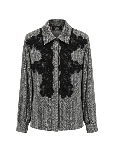Cămașă Clips cu aplicații cu model herringbone din dantelă gri