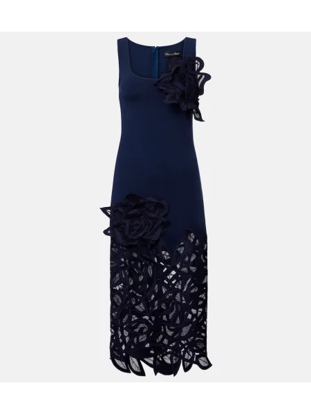 Rochie midi Oscar De La Renta cu model floral din dantelă până la genunchi albastru