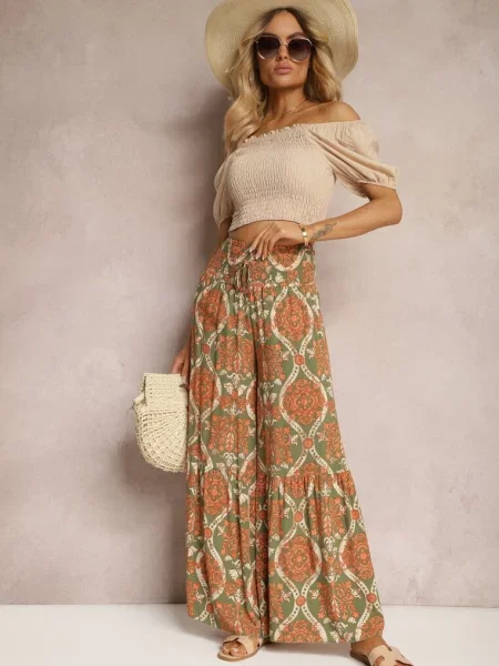 Zielono-Pomarańczowe Spodnie Szerokie z w Ornamentalny Wzór High Waist Cramelia zielone