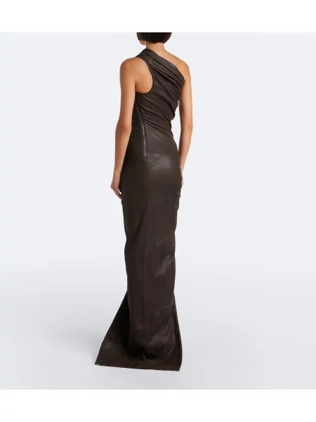 Rochie Rick Owens din piele asimetrică drapată maro