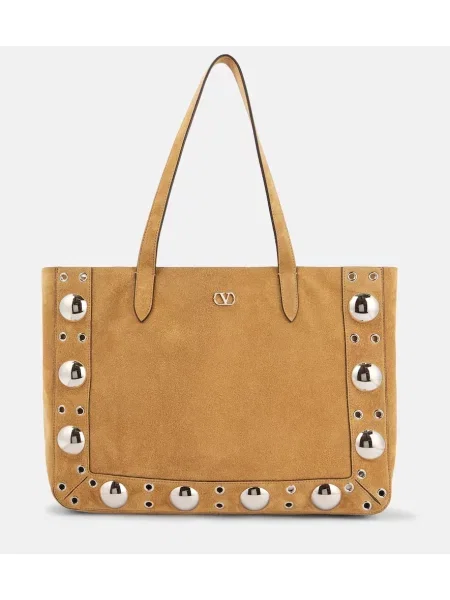 Shopper torbica Valentino Garavani iz semiša z žeblji bež