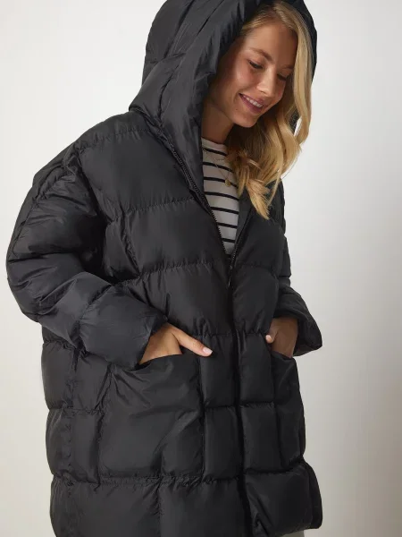 Palton supradimensionat Happiness İstanbul cu glugă negru