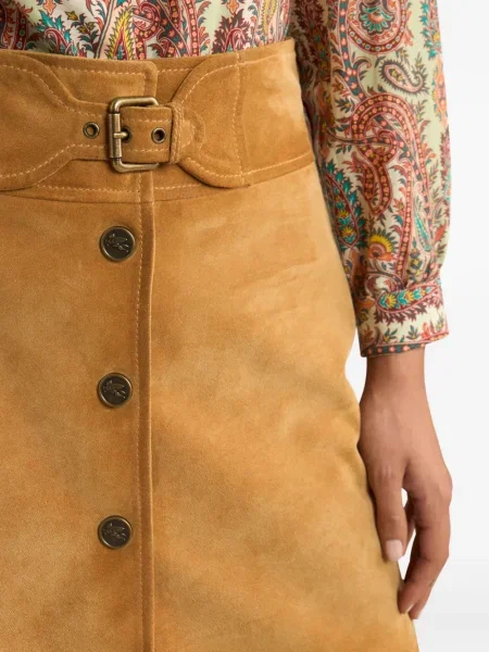 Fusta mini Etro din piele de căprioară cu cataramă maro