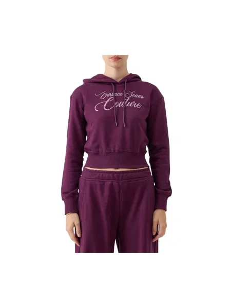 Bluza z kapturem Versace Jeans Couture z kryształkami o krotszym kroju czerwona