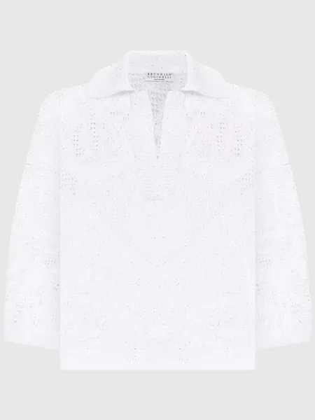 Ажурний пуловер з льону з коміром-поло Brunello Cucinelli білий