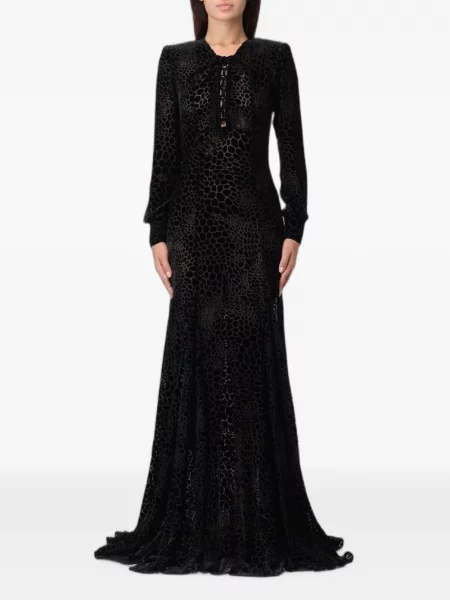 Rochie maxi Elisabetta Franchi cu șireturi cu model leopard din dantelă negru