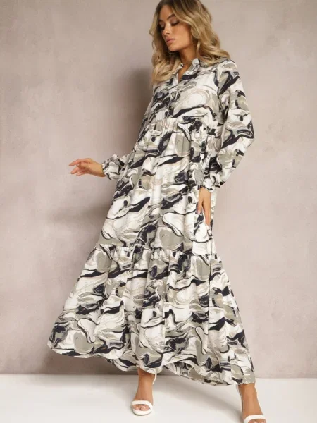 Rochie Cloș Imprimeu Abstract Aganotha albă