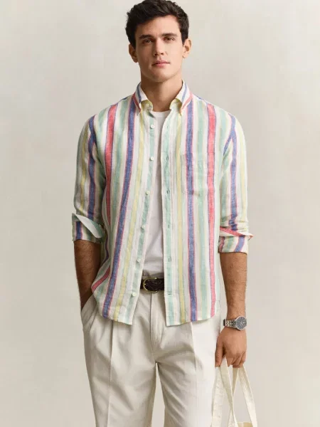 Gant Koszule Mężczyzna Wielobarwność M Len Reg Multistripe Linen Shirt beżowa