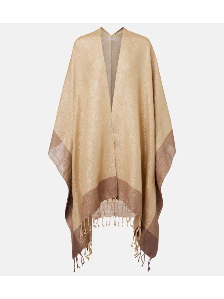 Poncho Brunello Cucinelli cu franjuri de in bej