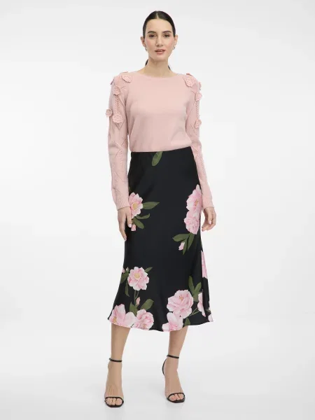 Fustă midi Orsay cu model floral până la genunchi negru