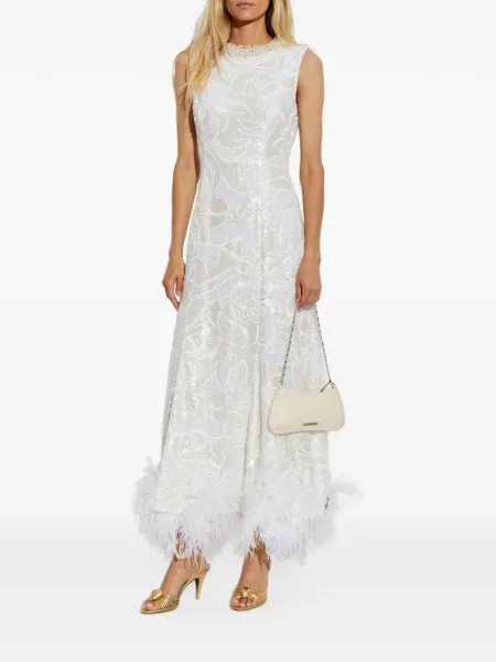 Rochie midi Self-portrait cu pene din dantelă alb