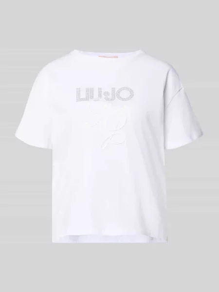 T-shirt z wyhaftowanym logo i obszyciem ozdobnymi kamieniami Liu Jo White biała