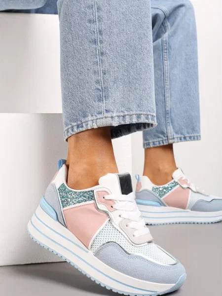 Sneakersy na Niskiej Platformie ze Wstawkami z Brokatu Quinnes niebieskie