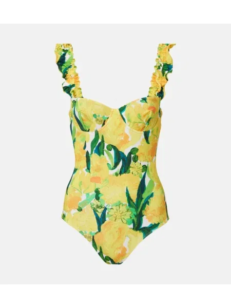 Costum de baie La Doublej cu model floral cu volane galben