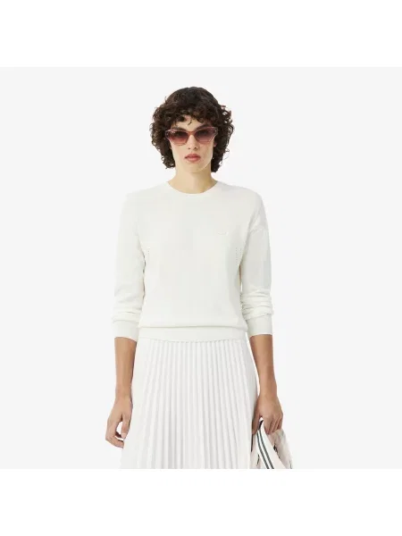 Lacoste Sweter 3D Z Okrągłym Kołnierzykiem Kremowy biały