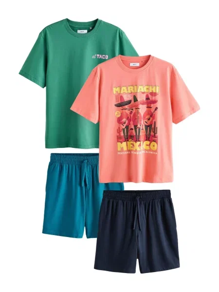 Next Pijama scurtă verde petrol / verde smarald / portocaliu deschis negru