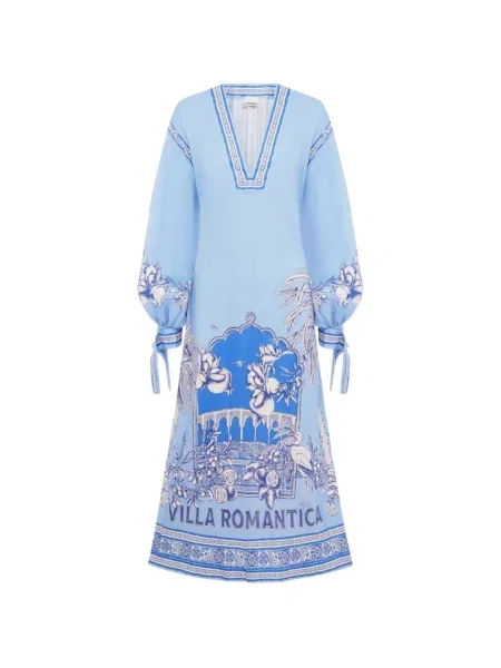 Rochie Alemais cu model floral cu imagine cu decolteu în V albastru