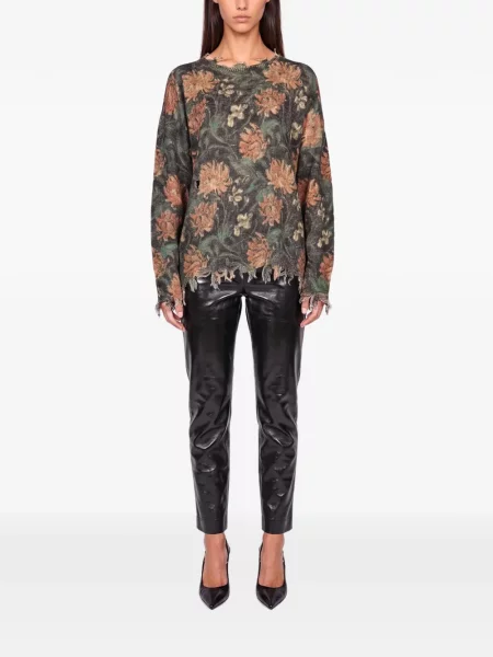 Pulover R13 zdrențuiți cu model floral negru