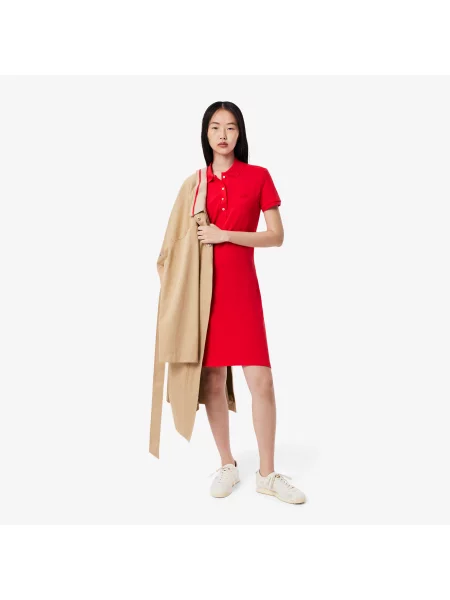 Lacoste Sukienka Z Kołnierzykiem Polo Z Krótkim Rękawem Slim Fit czerwona