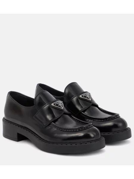 Usnjene loaferke Prada s platformo črna