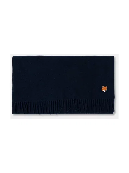 Maison Kitsuné szalik wełniany Fox Head granatowy gładki niebieska