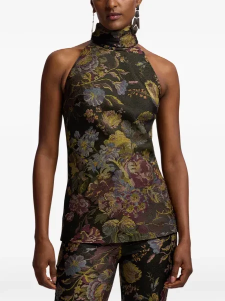 Μεταξωτός φλοράλ τοπ Ralph Lauren Collection με σχέδιο καφέ