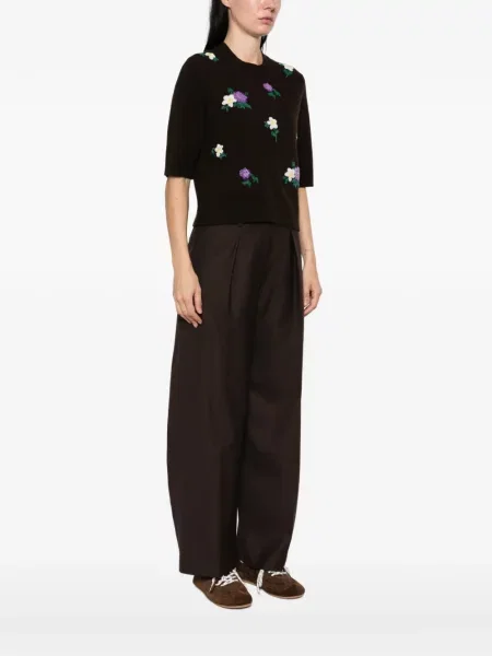 Scurt tricou Maje cu model floral cu mărgele maro